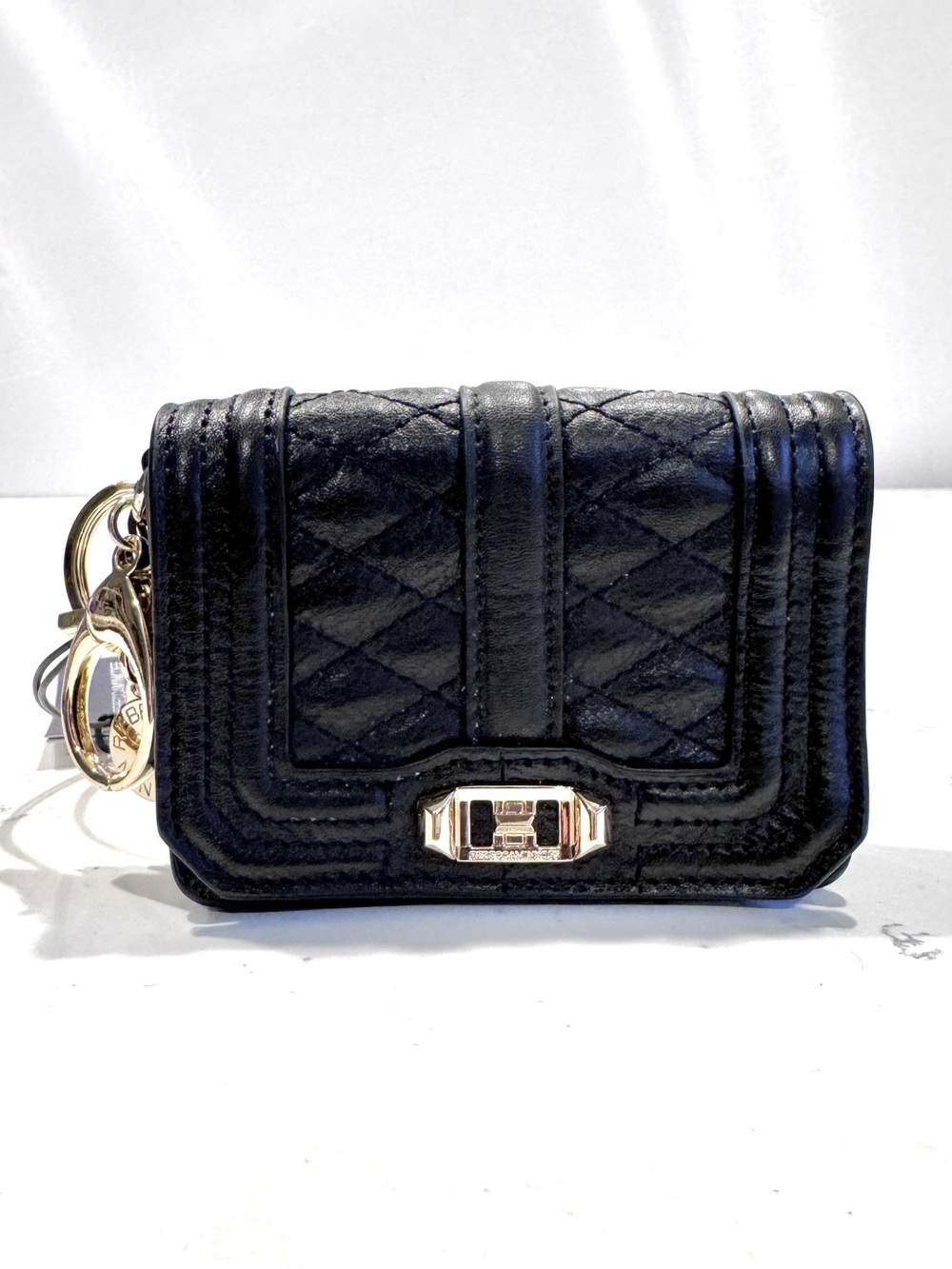 Rebecca Minkoff Black Leather Mini Key Ring Card Pouch with Gold Hardware NWT